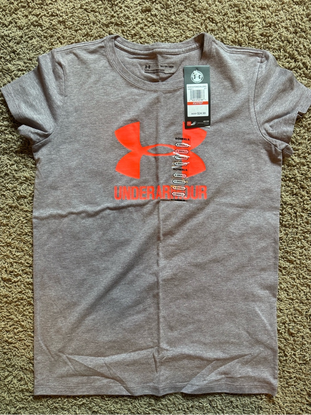 Under Armour Heather Purple Tee with Bright Orange/pink Logo NWT